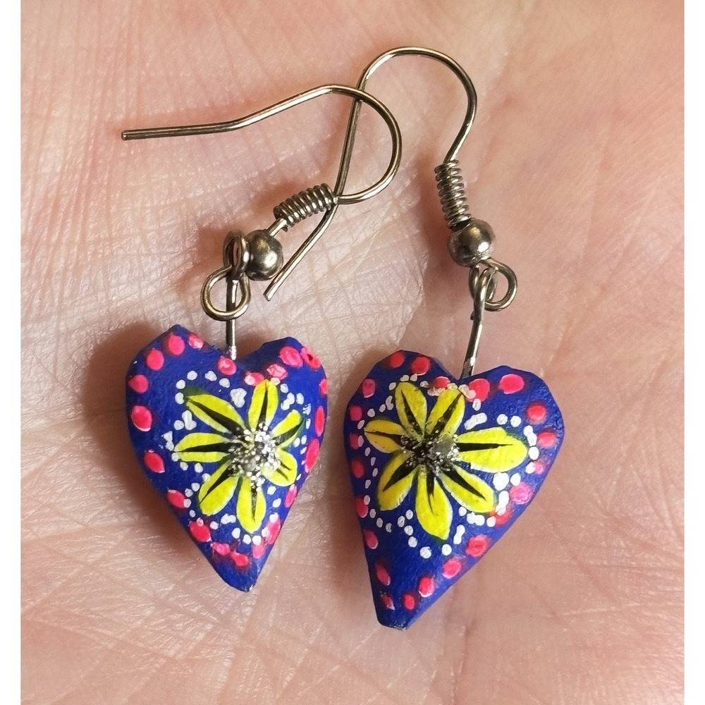 Wood Heart Dangle Earrings Hand Carved Painted Floral Folk Art Colorful Boho